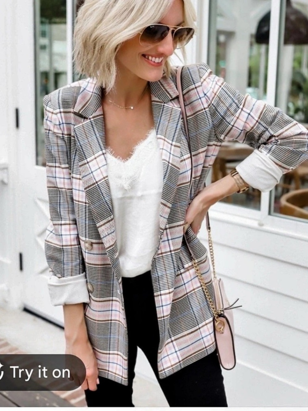 Halogen Glen Plaid Double Breasted Blazer Multicolor & Pink Small